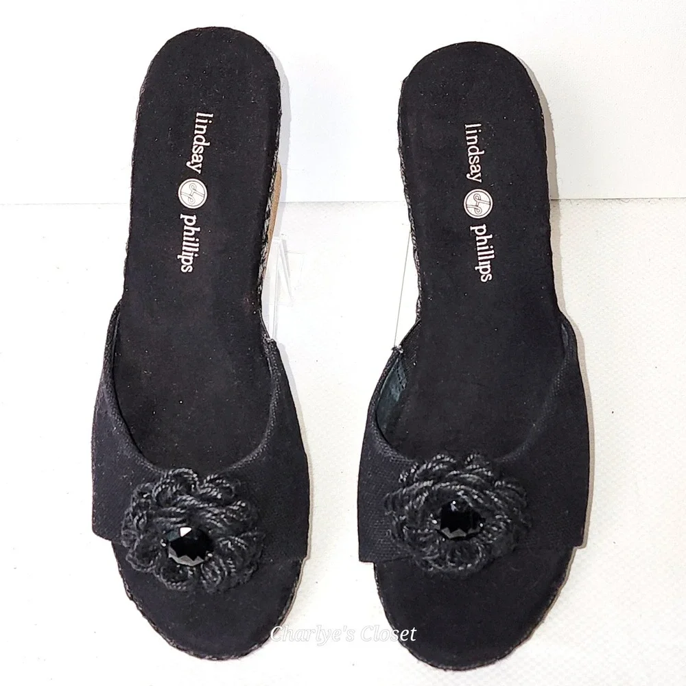 Lindsay Phillips Rosette Snap Jewel Wedge Sandals 8‎ NWOB Raffia HWGL2